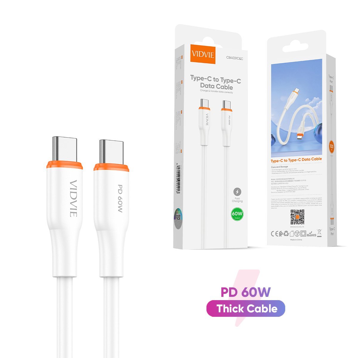 VIDVIE Type-C 1m Cable - 3.1A Fast Charging, Data Transfer