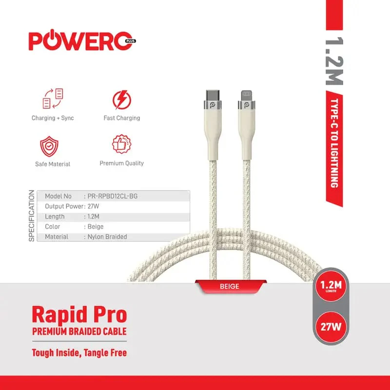 كابل PowerO+ Rapid Pro Type-C إلى Lightning مضفر - 27W PD، 1.2م