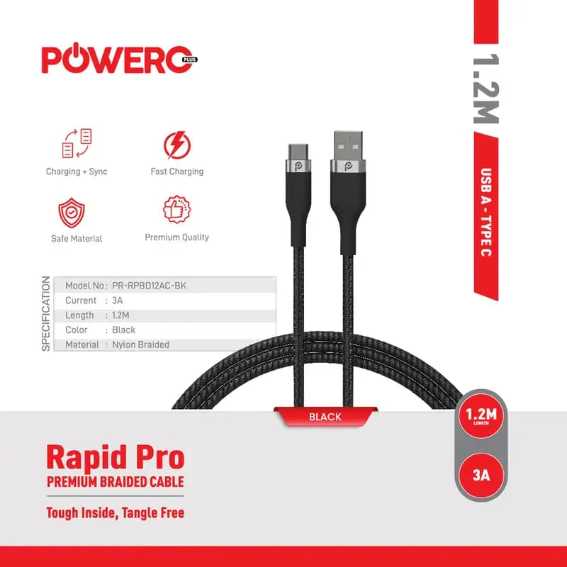 كابل PowerO+ Rapid Pro USB-A إلى Type-C مضفر - شحن سريع، نقل بيانات، 1.2م