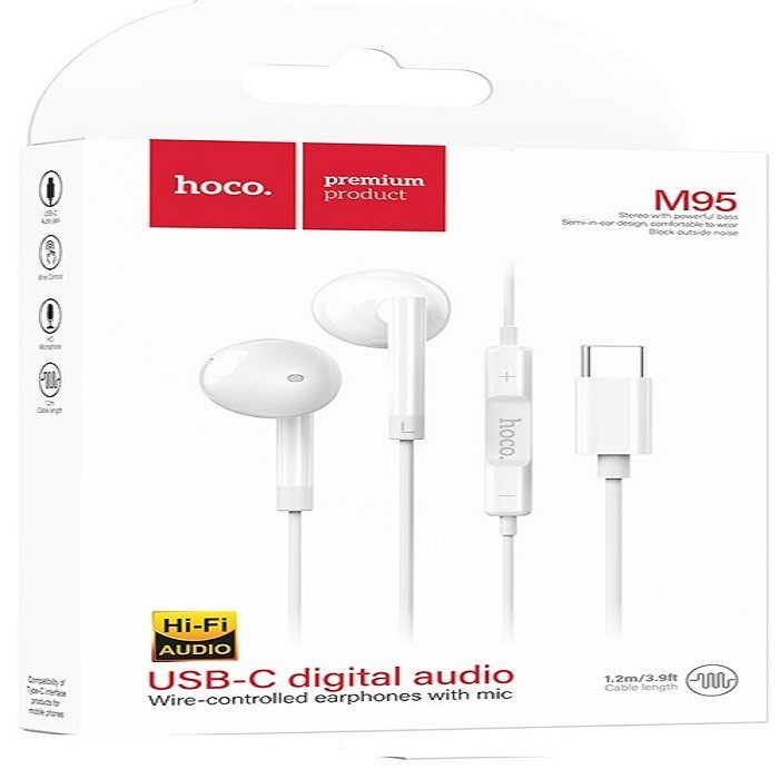 سماعات HOCO M95 سلكية Type-C ديجيتال - 10مم، ميكروفون، 1.2م أبيض