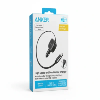 شاحن سيارة أنكر نانو بقوة 75 واط مع كابل USB-C مدمج قابل للسحب