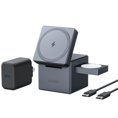 مكعب شحن أنكر 3 في 1 ماغ سيف - 15 واط آيفون، 5 واط إير بودز/ساعة، قابل للطي