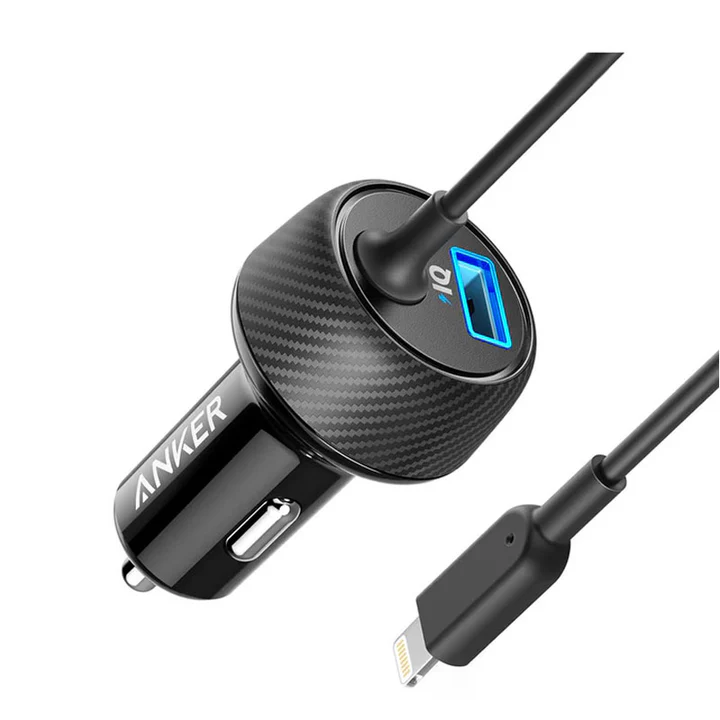 شاحن سيارة Anker PowerDrive 2 Elite 24W - 2 USB، كابل Lightning، PowerIQ