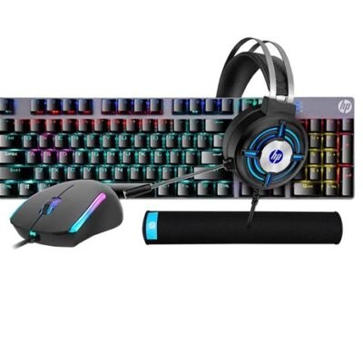 باقة ألعاب متكاملة: سماعة رأس ستيريو مع ميكروفون، لوحة مفاتيح ميكانيكية سلكية، ماوس سلكي، ولوحة ماوس مع إضاءة RGB